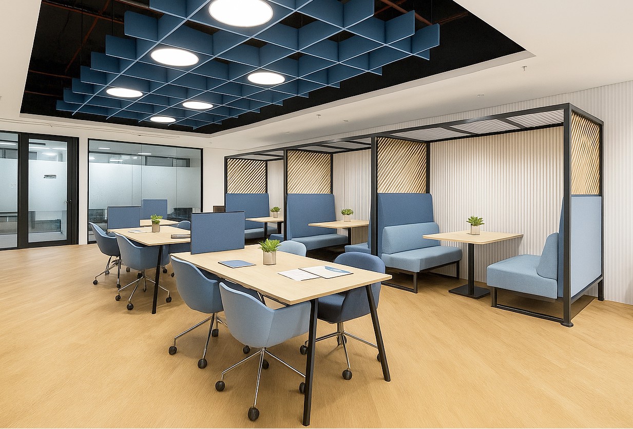 Oficina híbrida con zonas colaborativas, focus rooms y tecnología de reserva que optimiza colaboración y foco