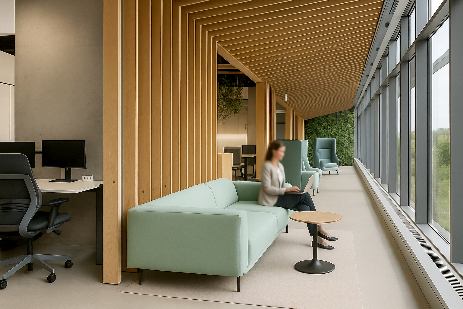 Biofilia en la oficina con vegetación, luz natural y madera que mejoran bienestar y productividad