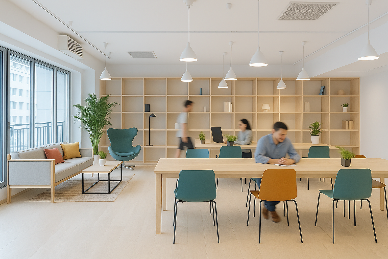 Equipo joven en oficina flexible con zonas colaborativas y tecnología; futuro del trabajo con modelo híbrido