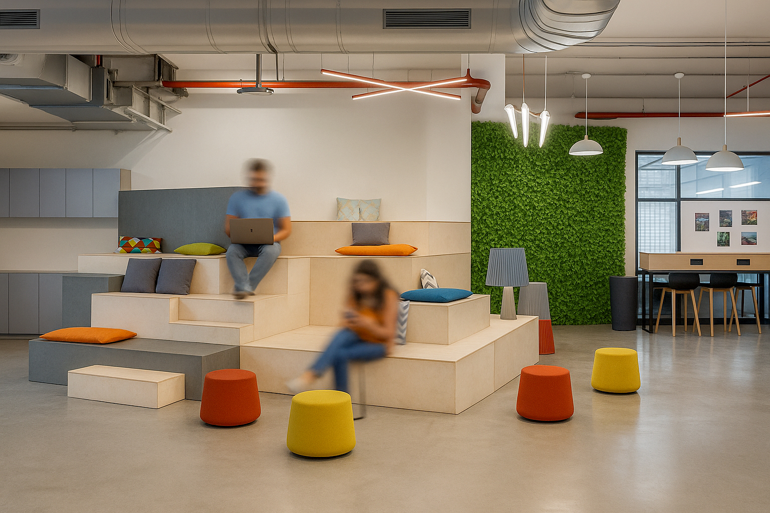 Espacios de trabajo innovadores con zonas colaborativas, gradas y mobiliario flexible que inspiran creatividad